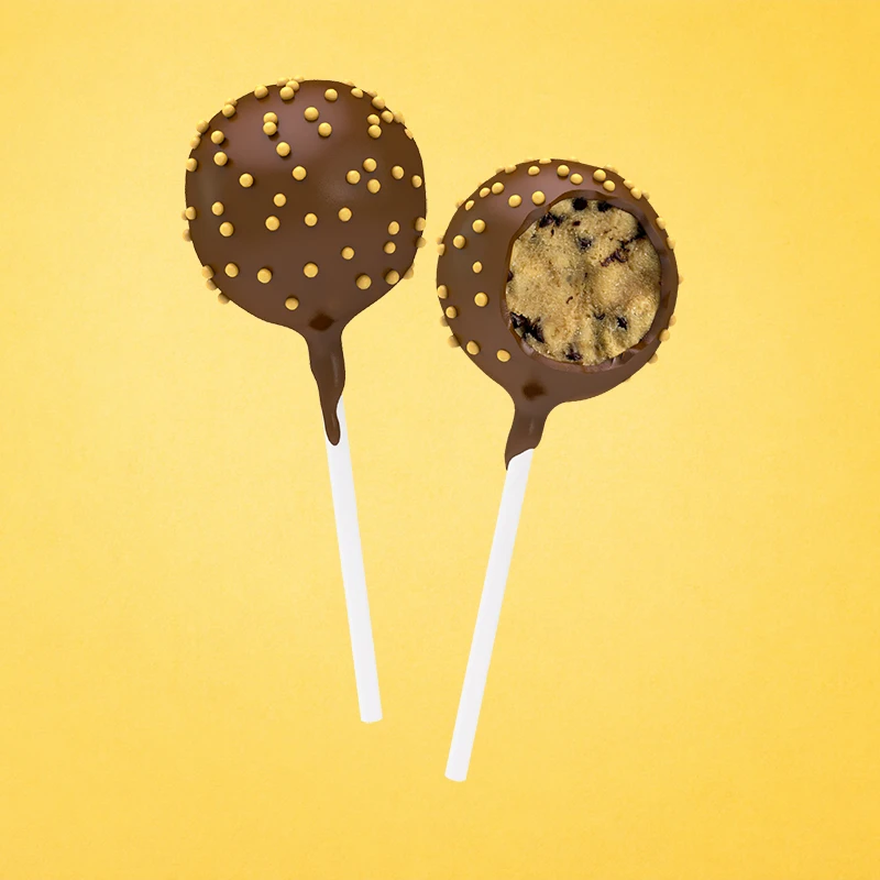 A  sweet buttery vanilla cake with chocolate chips dipped in milk and dark chocolates.