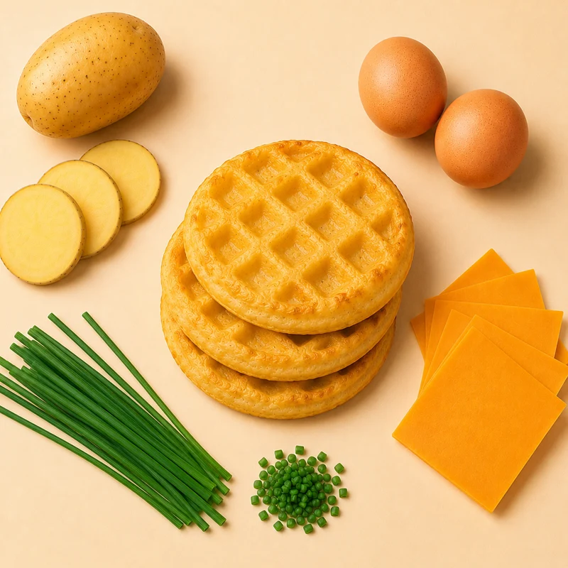 A savory waffle crafted from equal parts potatoes, cheddar cheese, and eggs ‚Äî with no batter added ‚Äî finished with a touch of chives. Ideal for creating your own breakfast sandwich or custom creation. Great for low-carb lifestyles.