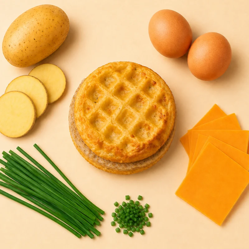 A savory waffle crafted from equal parts potatoes, cheddar cheese, and eggs ‚Äî with no batter added ‚Äî finished with a touch of chives and paired with a flavorful chicken sausage patty. All your breakfast favorites in one irresistible bite! Great for low-carb lifestyles.