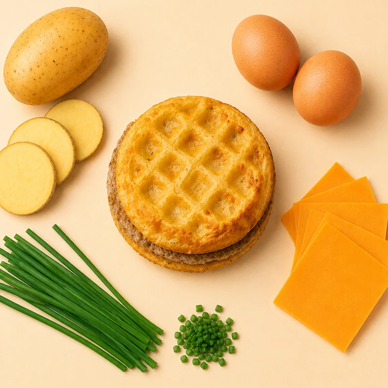 A savory waffle crafted from equal parts potatoes, cheddar cheese, and eggs ‚Äî with no batter added ‚Äî finished with a touch of chives and paired with a flavorful sausage patty. All your breakfast favorites in one irresistible bite! Great for low-carb lifestyles.