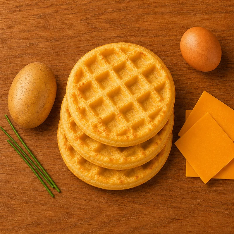 A savory waffle crafted from equal parts potatoes, cheddar cheese, and eggs — with no batter added — finished with a touch of chives. Ideal for creating your own breakfast sandwich or custom culinary creation. With just 6g of carbs, 90 calories, zero added sugars, and 5g of protein per serving, it's a flavorful option for low-carb lifestyles.