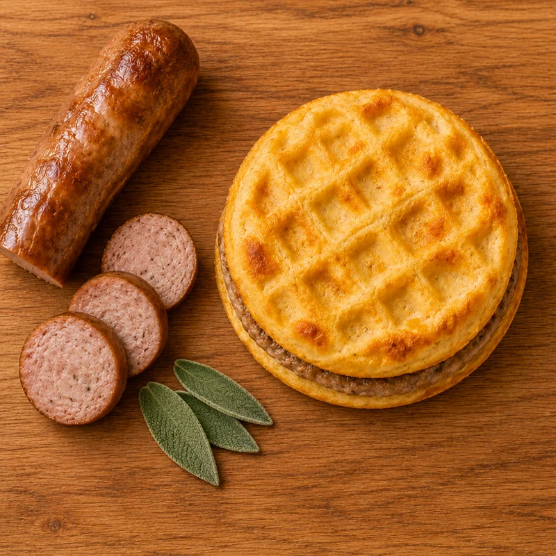 A savory waffle made from equal parts potatoes, cheddar cheese, and eggs—with no flour or batter added—seasoned with a touch of chives and paired with a flavorful sausage patty. Packed with 17g of protein, this satisfying breakfast sandwich delivers all your morning favorites in one delicious bite. With just 12g of carbs, less than 1g of sugar, a gluten-free recipe, it's a crave-worthy option for those seeking great taste without compromise.